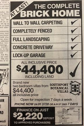 A Southport home for $44,400. Advertisements from the Gold Coast Bulletin, July 1985