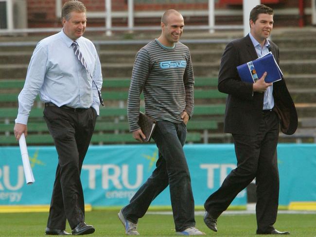 Chris Judd and Paul Connors (right) on a tour of Princes Park with then Carlton CEO Greg Swann.