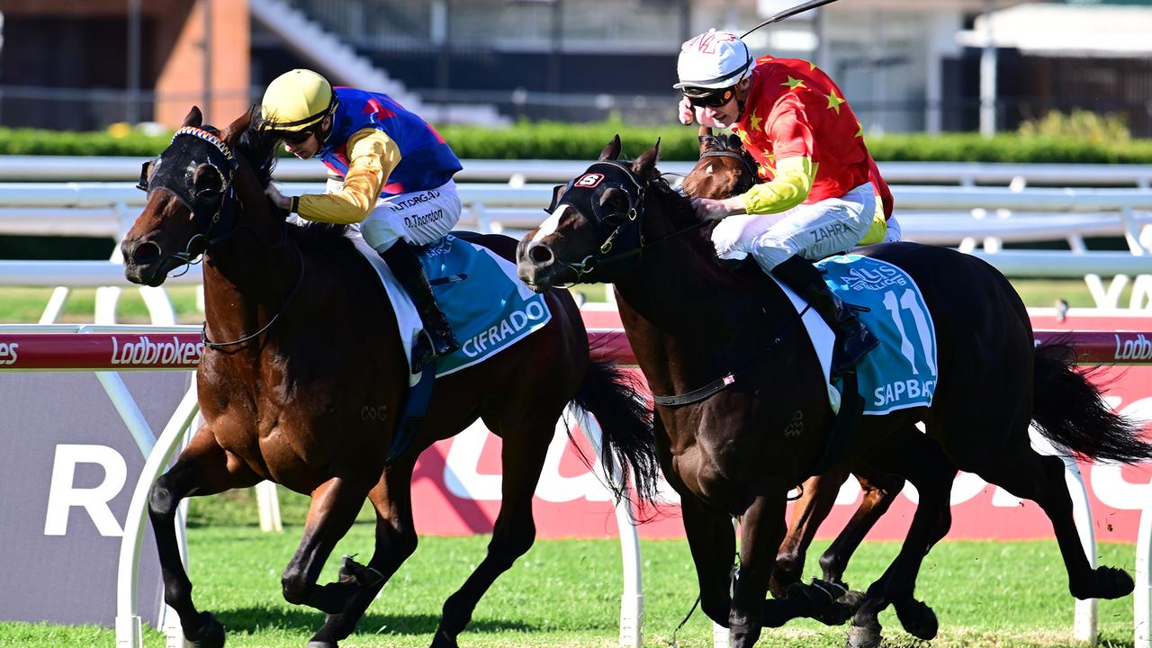 Supplied Editorial Cifrado and Damien Thornton survive a protest hearing to win the $1m
  Sires' Produce at Eagle Farm. Picture: Grant Peters - Trackside Photography