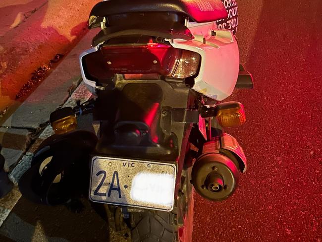 A bike stolen 7 years ago was found by Brimbank Highway Patrol after they pulled over a 40-year-old Derrimut man after they noticed the bike had a hand-written number plate. Picture: Supplied