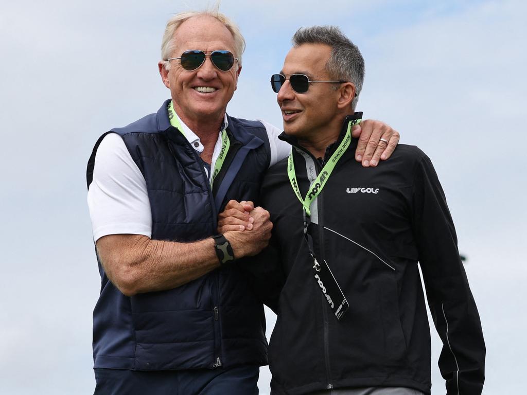 Greg Norman and LIV managing director Majed Al Sorour both cut happy figures. Picture: Adrian Dennis/AFP