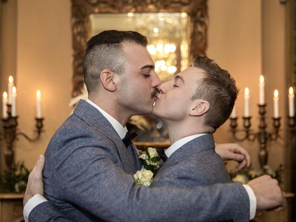 Australian diver Matthew Mitcham and partner Luke Rutherford at their wedding.