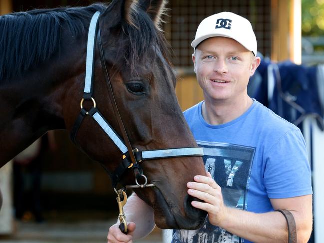 Cameron Crockett with his first Group 1 runner with Barbass in the JJ Atkins. Pic Darren England.