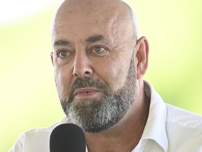 TOWNSVILLE, AUSTRALIA - MAY 27:  Former Australian cricketer Darren Lehmann speaks during the public memorial service for Andrew Symonds at Riverway Stadium on May 27, 2022 in Townsville, Australia. Former Australian cricketer, Andrew Symonds passed away after a car accident on May 14th.  (Photo by Ian Hitchcock/Getty Images)