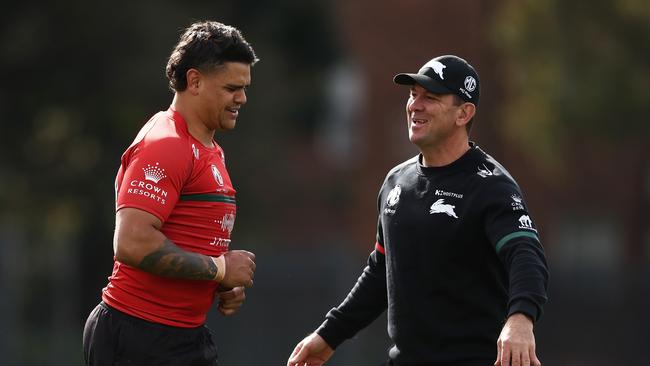 Latrell Mitchell and Souths coach Jason Demetriou. Picture: Matt King/Getty Images