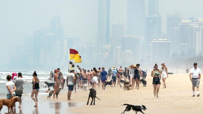 Smoke haze blocking the view of Surfers Paradise from Seaway Beach. Picture: Mike Batterham