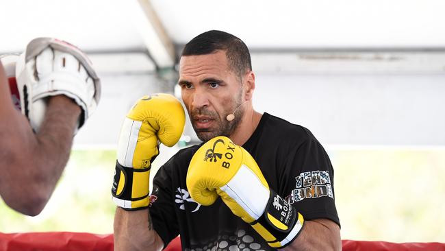 Anthony Mundine held an open training session in central Brisbane on Monday as he continues preparations for Friday’s fight. Picture: AAP