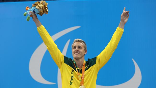 Australian Gold medallist Brenden Hall celebrates on the podium at the medal ceremony of the Men's 400m Freestyle – S9 on day 2 of the Rio 2016 Paralympic Games. Photo by Friedemann Vogel/Getty Images