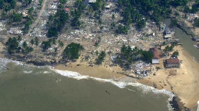 An aerial view of the destroyed town of Hikkaduwa