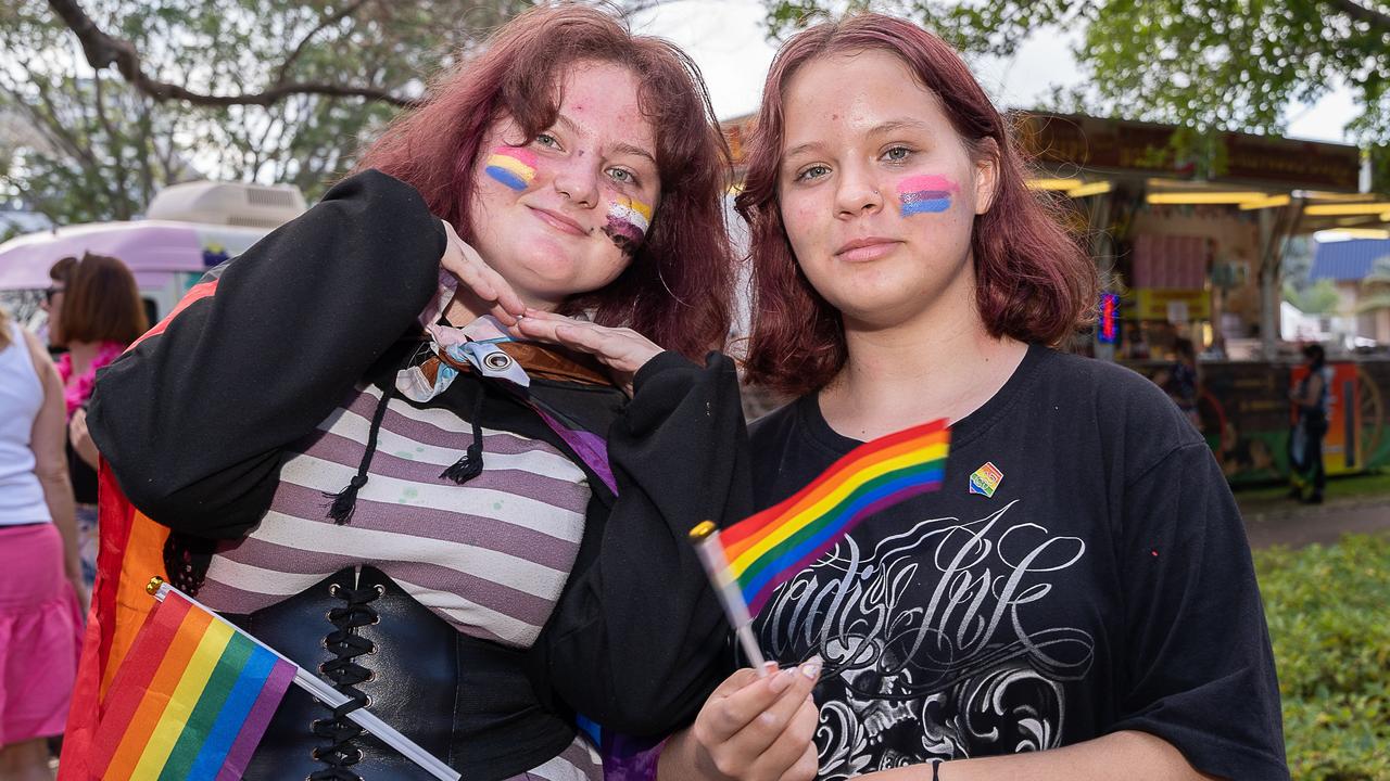 Eve Wrenn and August Tulloch at the 2023 Top End Pride March. Picture: Pema Tamang Pakhrin