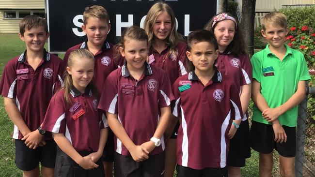 Monto State School 2023 leaders. Back row: Jake Grubb (School Captain), Hunter Zieth (Eyre Captain), Kara Sanderson (Student Representative Council President), Charlotte Dahtler (Student Representative Council President), Brax Cook (Oxley Captain).Front Row: Libby Price (Eyre Captain), Bella Frame (School Captain), Harry de Leeuw (Oxley Captain).