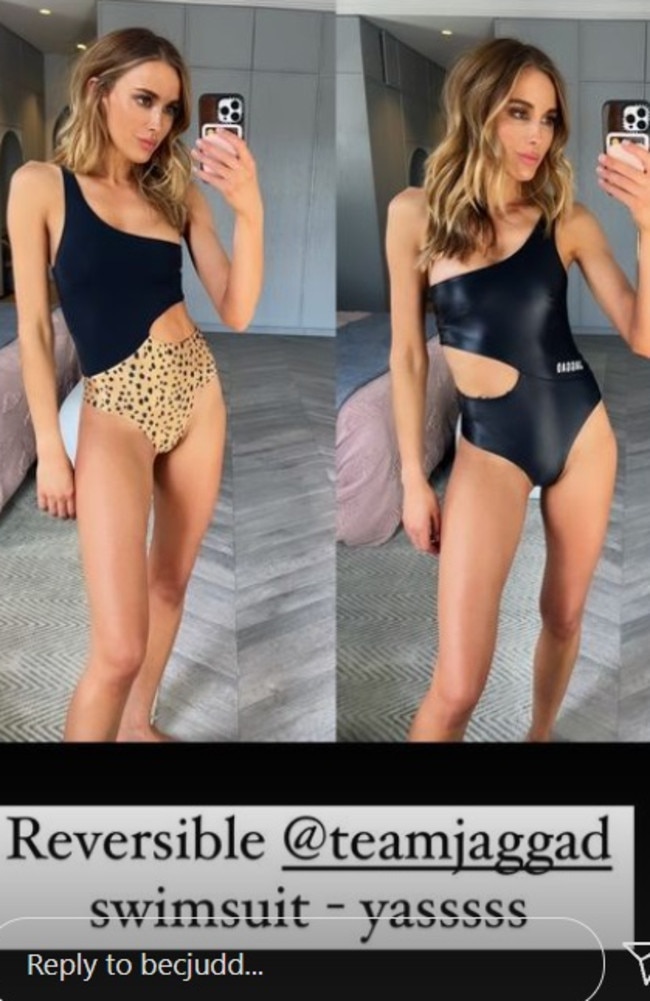 Bec flaunted her toned figure in a one piece costume from the collection – which is reversible. Picture: Instagram/BecJudd