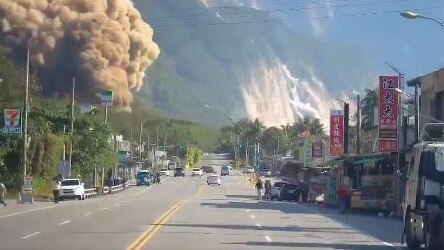 The moment a landslide crashes down a mountain and onto a highway, triggered by a massive earthquake in Taiwan. Picture: Supplied