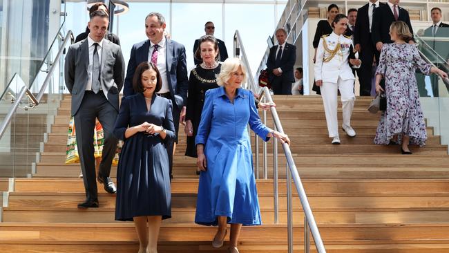 Queen Camilla (C) walks with Deputy Premier of New South Wales Prudence Car during a visit to the Green Square Library on October 22, 2024 in Sydney, Australia. Picture: David Gray-Pool/Getty Images