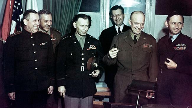 Supreme Allied Commander Dwight D. Eisenhower, second from right, at the allied headquarters in Reims, France, in May 1945, shortly after the German surrender. Picture: Getty Images