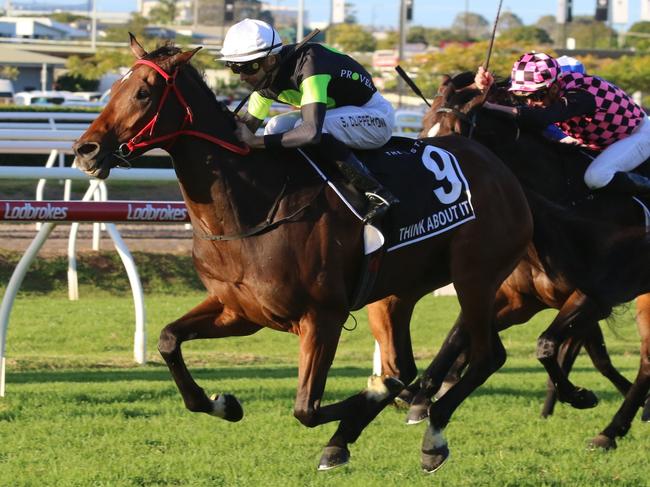 Jockey Sam Clipperton and Think About win in the Group 1 Stradbroke Handicap at Eagle Farm on June 10, 2023. Picture: Grant Guy