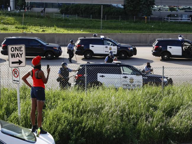 Highway 35W is closed by authorities after semi-truck was involved in an incident with protesters. Picture: AP