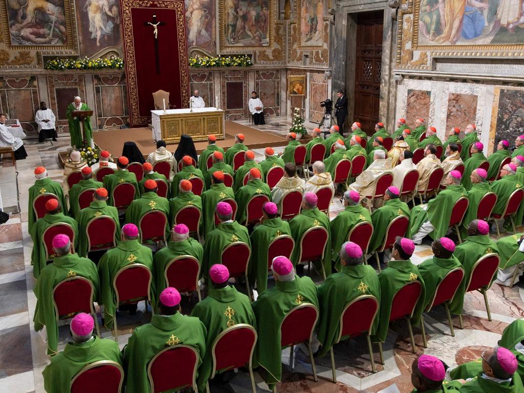 Pope Francis delivering a speech during Eucharistic celebration at the Regia Hall of the Apostolic Palace in the Vatican, within the fourth and last day of a global child protection summit. Picture: AFP