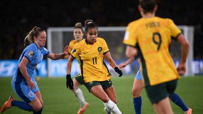 Mary Fowler controls the ball during the Australia and New Zealand 2023 Women's World Cup semi-final. Picture: Franck Fife/AFP