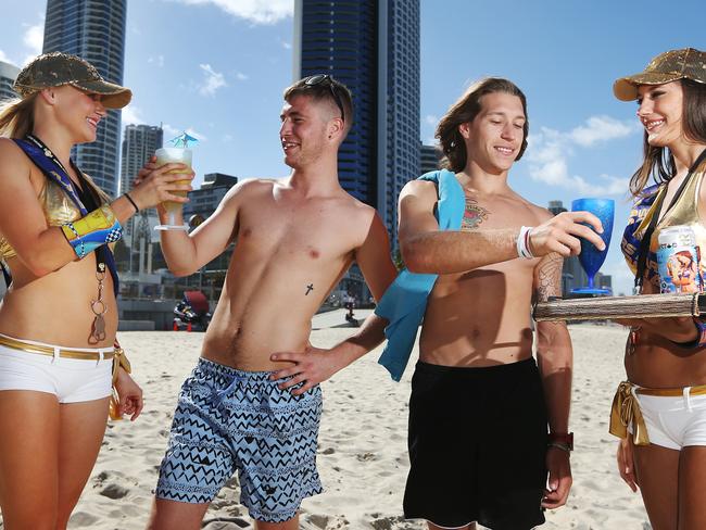 The Gold Coast Meter Maids have proposed to serve drinks to tourists on Surfers Paradise beach. (L-R) Savannah Walker, Jacob Balsev Jorgsholm, Alexander Bresse and Charlotte Mendes. Picture: Brendan Radke