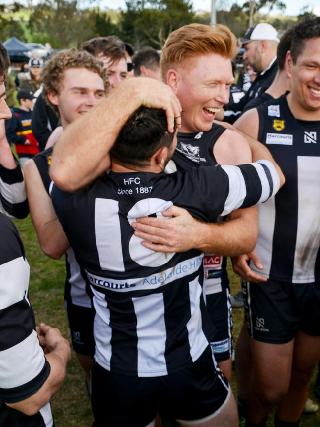 Hahndorf players Kyle Cheney and Matthew Jaensch celebrate winning last year’s grand final. Picture: AAP/Brenton Edwards