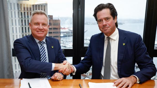 Tasmania Premier Jeremy Rockliff and former AFL CEO Gillon McLachlan in May last year. Picture: Michael Willson/AFL Photos