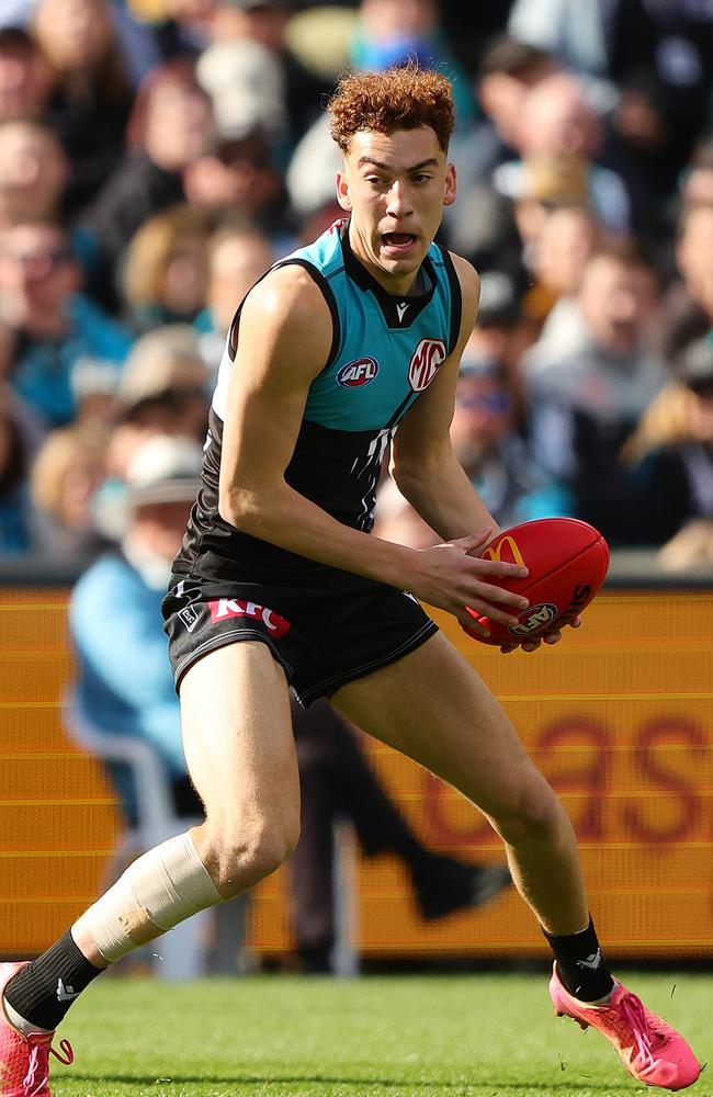 Logan Evans had an impressive debut on the weekend, even if the Power was trounced. Picture: Sarah Reed/AFL Photos via Getty Images.