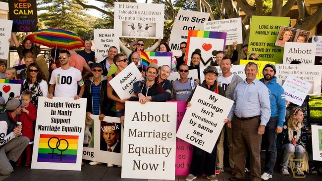 Marriage equality supporters rally Warringah MP Tony Abbott to allow a conscience vote on the issue of legalising same-sex marriage in Australia.