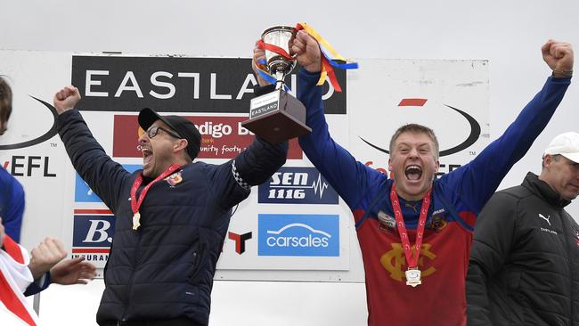 Fairpank coach Sean Stanton and captain Jesse Pearce celebrate after winning the EFL (Div 4) Grand Final between East Burwood and Fairpark in Scoresby, Sunday, Sept. 8, 2019. Picture: Andy Brownbill