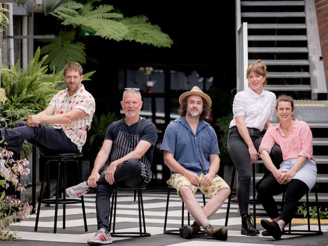 Tasmanian Summer BBQ chefs Luke Burgess, Nick Cummins, Adam James, Megan Quill and Thea Webb are all set to feed hungry patrons at In The Hanging Garden this summer. Picture: DARKLAB/ROSIE HASTIE.