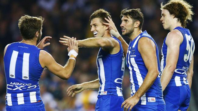 Shaun Atley celebrates a goal against Hawthorn.