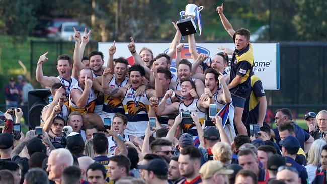 Doveton Eagles raise the SFNL Division 2 premiership cup.