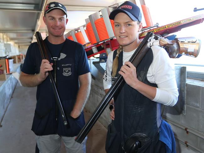 Australian Olympics Trap Shooting Team members Penny Smith and James Willett training at Gold Coast Clay Target Club ahead of Tokyo. Pic Mike Batterham