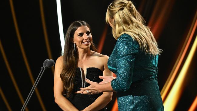 Jessica Fox and Johanna Griggs present the Logie Award for Best Sports Coverage at the 64th TV WEEK Logie Awards. Picture: Getty