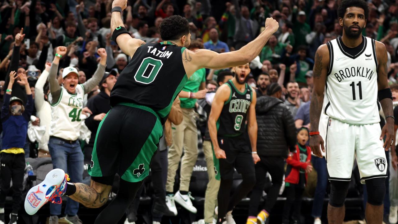 Brooklyn Nets vs Boston Celtics, buzzer-beater, Jayson Tatum, Kyrie Irving, jari tengah, penonton yang mengejek, reaksi, laporan, sorotan, Miami Heat vs Atlanta Hawks, Trae Young