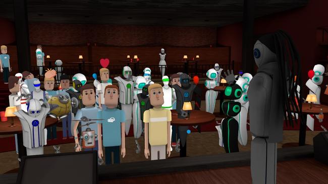 Attendees at the Reggie Watts concert in virtual reality. Each avatar is a person at the event.