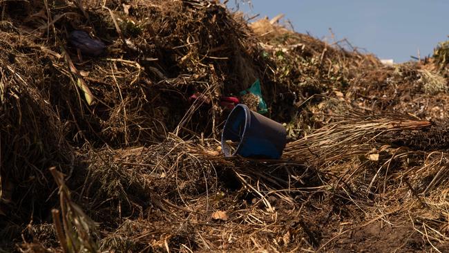 Following South Australian green waste from curb side to waste centre for processing then to garden. Pot-plant contamination in green waste at Jefferies waste depot at Wingfield. Picture: Brad Fleet