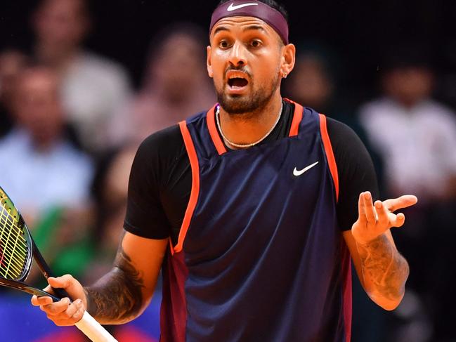 Australia's Nick Kyrgios reacts during his match with Bulgaria's Grigor Dimitrov in the 2022 World Tennis League exhibition match at Dubaiâs Coca-Cola arena in the United Arab Emirates, on December 21, 2022. (Photo by AFP)