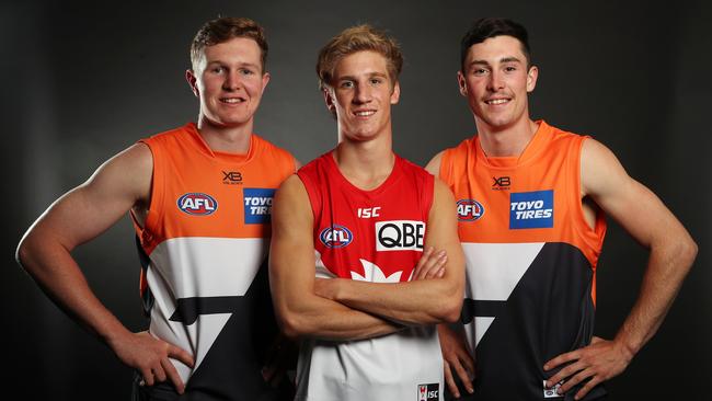 Sydney’s Dylan Stephens with GWS draftees Tom Green (left) and Lachlan Ash. Picture: Michael Klein