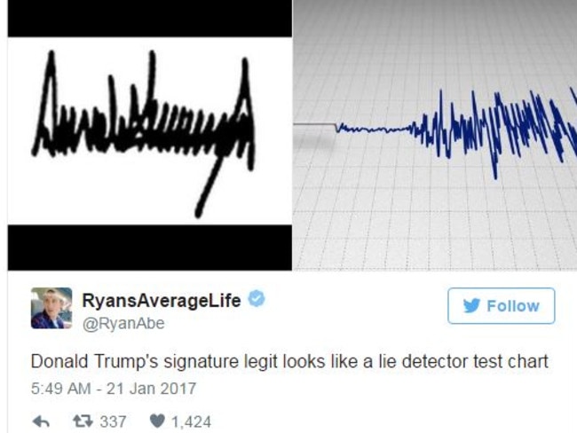 Twitter user @RyanAbe joked that Donald Trump’s signature looked like a lie-detector test chart. Picture: Twitter.