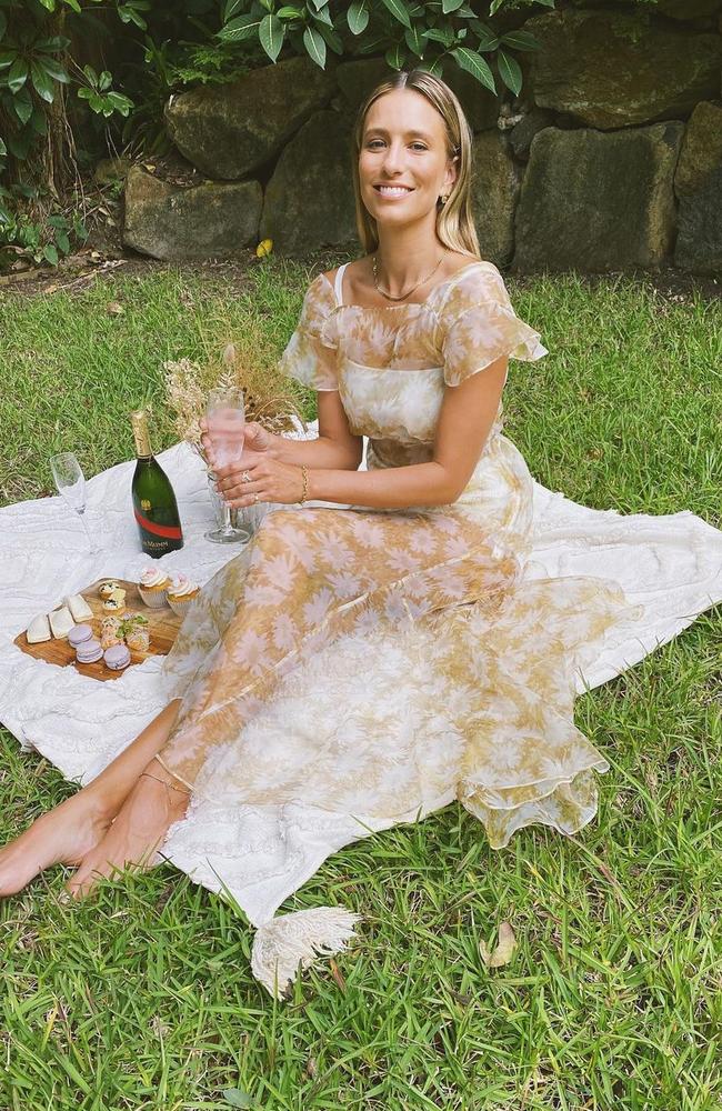 Renee Bargh celebrates Melbourne Cup at home in a sheer dress that flashes her legs. Picture: Instagram/ReneeBargh