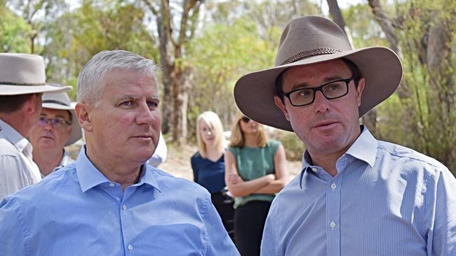 Member for Maranoa David Littleproud with Deputy Prime Minister Michael McCormack on a visit to the proposed Emu Swamp Dam site as part of their campaign for the project. Picture: Matthew Purcell / Stanthorpe Border Post