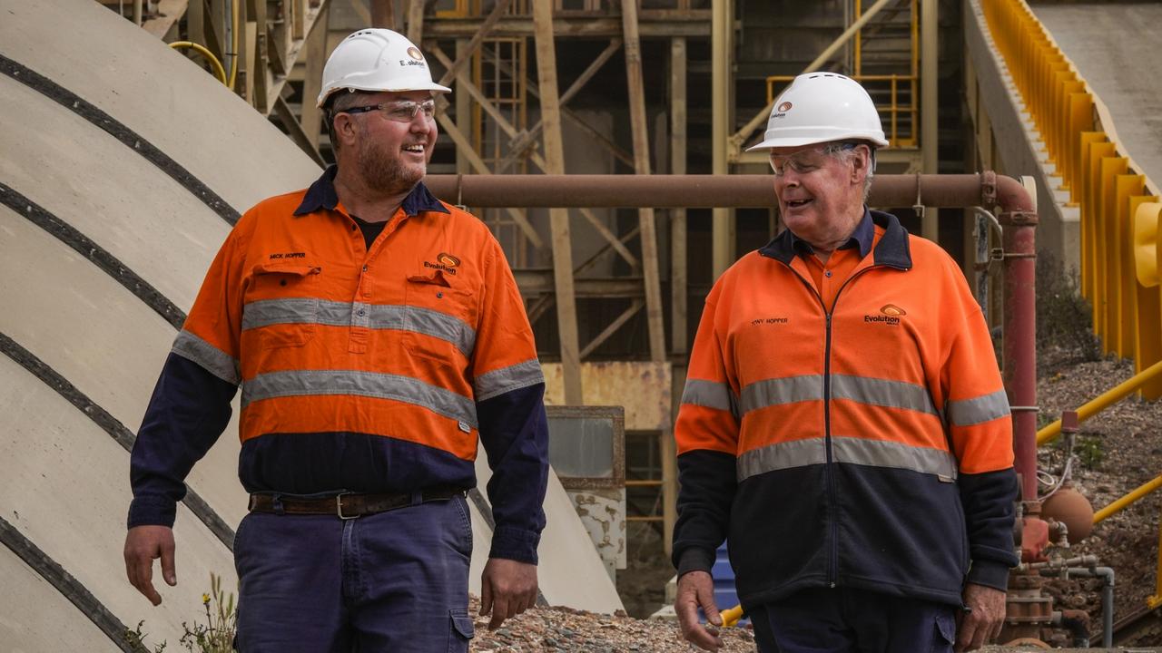 Evolution Mine employees Michael Hopper with his dad Tony Hopper at its gold mine at Lake Cowal.