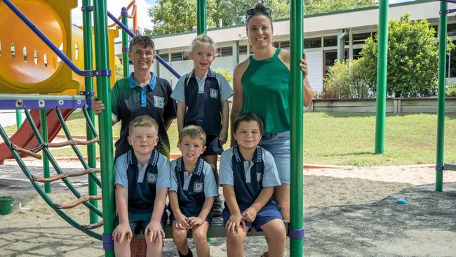 Kilkivan State School prep class of 2023: Back row (L-R) Mrs Chantel Lewis (teacher aide), Phoebe, Mrs Rachel Bainbridge.<br/> Front row: Max, Blake, Ekiah. Picture: Christine Schindler