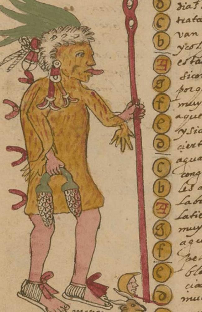 An historic depiction of a priest to Xipe Tótec. Note the distinctive 'second hands' dangling from the wrists which demonstrates the garment is a flayed human skin. Picture: Mexican Institute of Anthropology and History