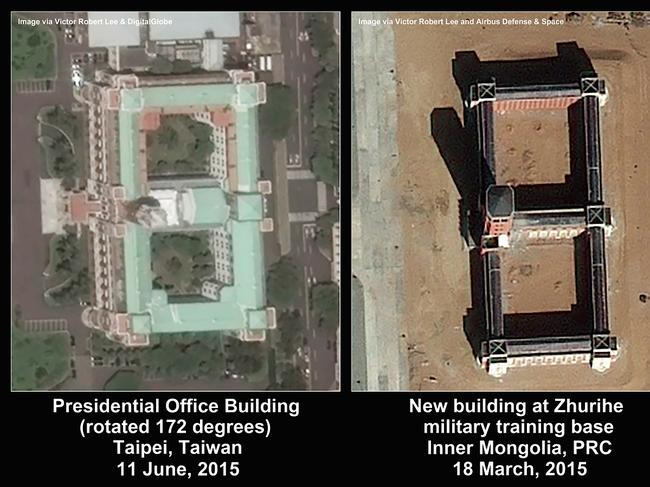 Satellite images show the construction of replicas of key Taiwanese buildings and infrastructure in a Chinese training camp. Picture: The Diplomat