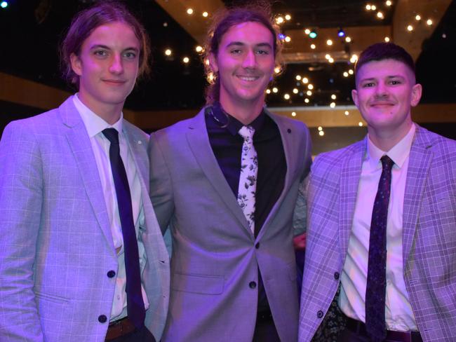Bailey Collins, Jackson Johnson and Jasper Obst at the Mackay North State High School Year 12 formal at the Mackay Entertainment and Convention Centre, Saturday November 21, 2020. Picture: Heidi Petith