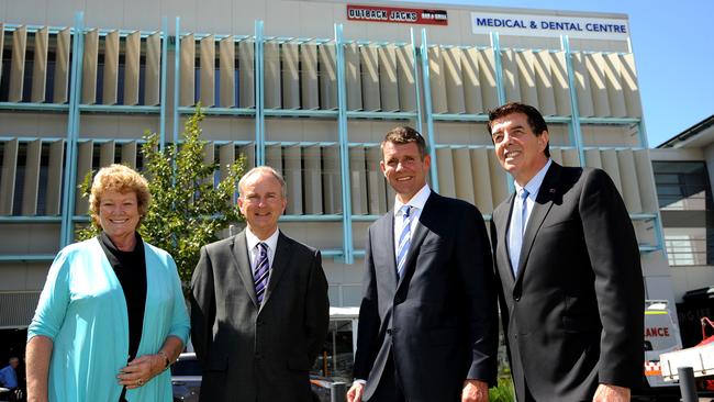 Former Minister for Health Julian Skinner, MP Kevin Connelly, former Premier Mike Baird and MP Ray Williams at Rouse Hill Town Centre where they announced the Rouse Hill Hospital in 2015.