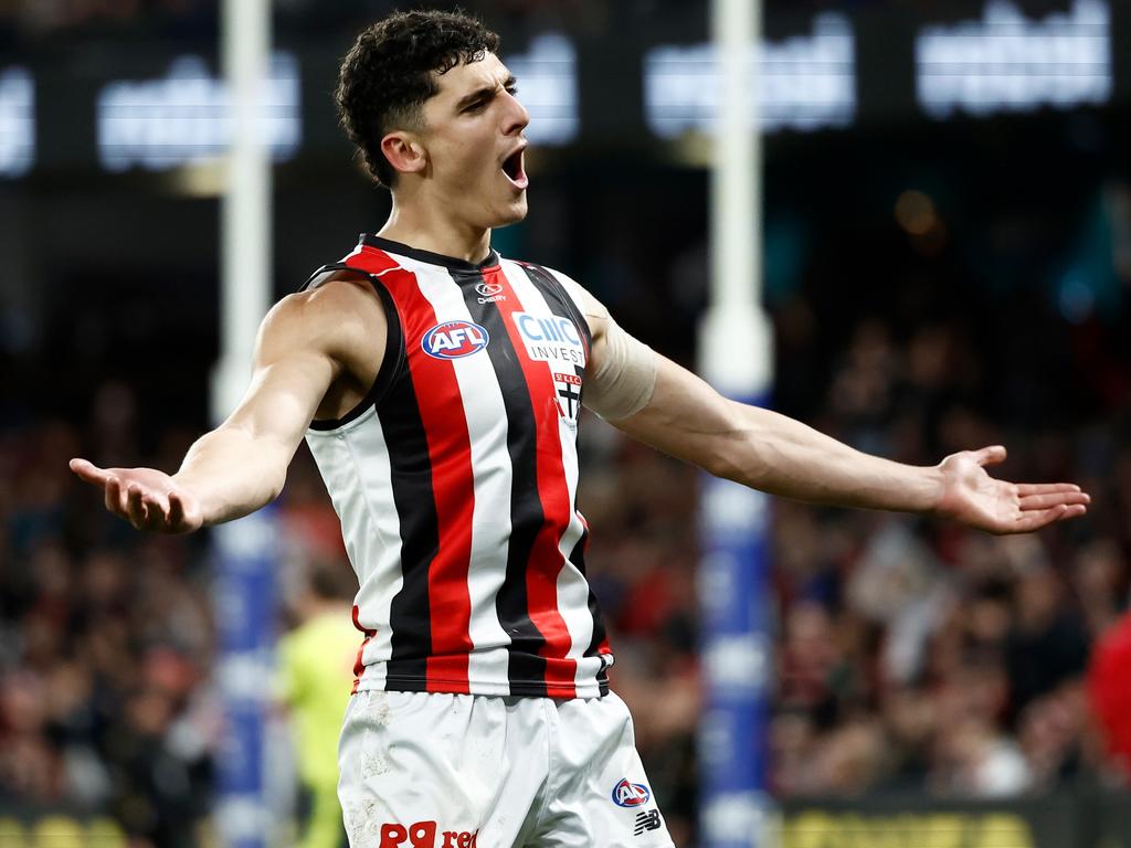 Anthony Caminiti celebrates one of his three goals against the Bombers. Picture: Michael Willson/AFL Photos