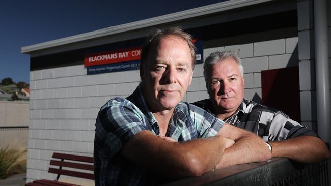 Mark Thorp, left, and Pastor Leo Stossich from the Blackmans Bay Trinity Life Church are concerned about safety issues at the Blackmans Bay cliffs. Picture: LUKE BOWDEN